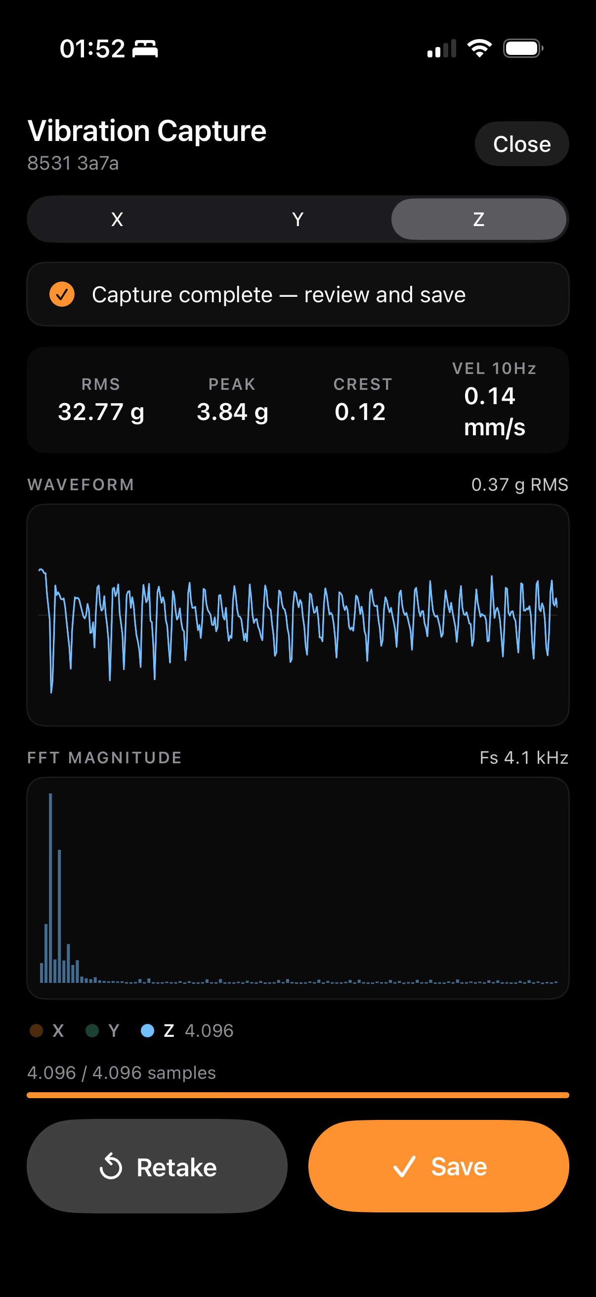 A vibration signature captured over Bluetooth